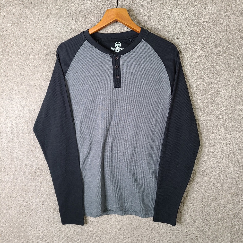 Monument Shirt Men XL Gray Black Henley Raglan Waffle Knit Cotton Casual Outdoor